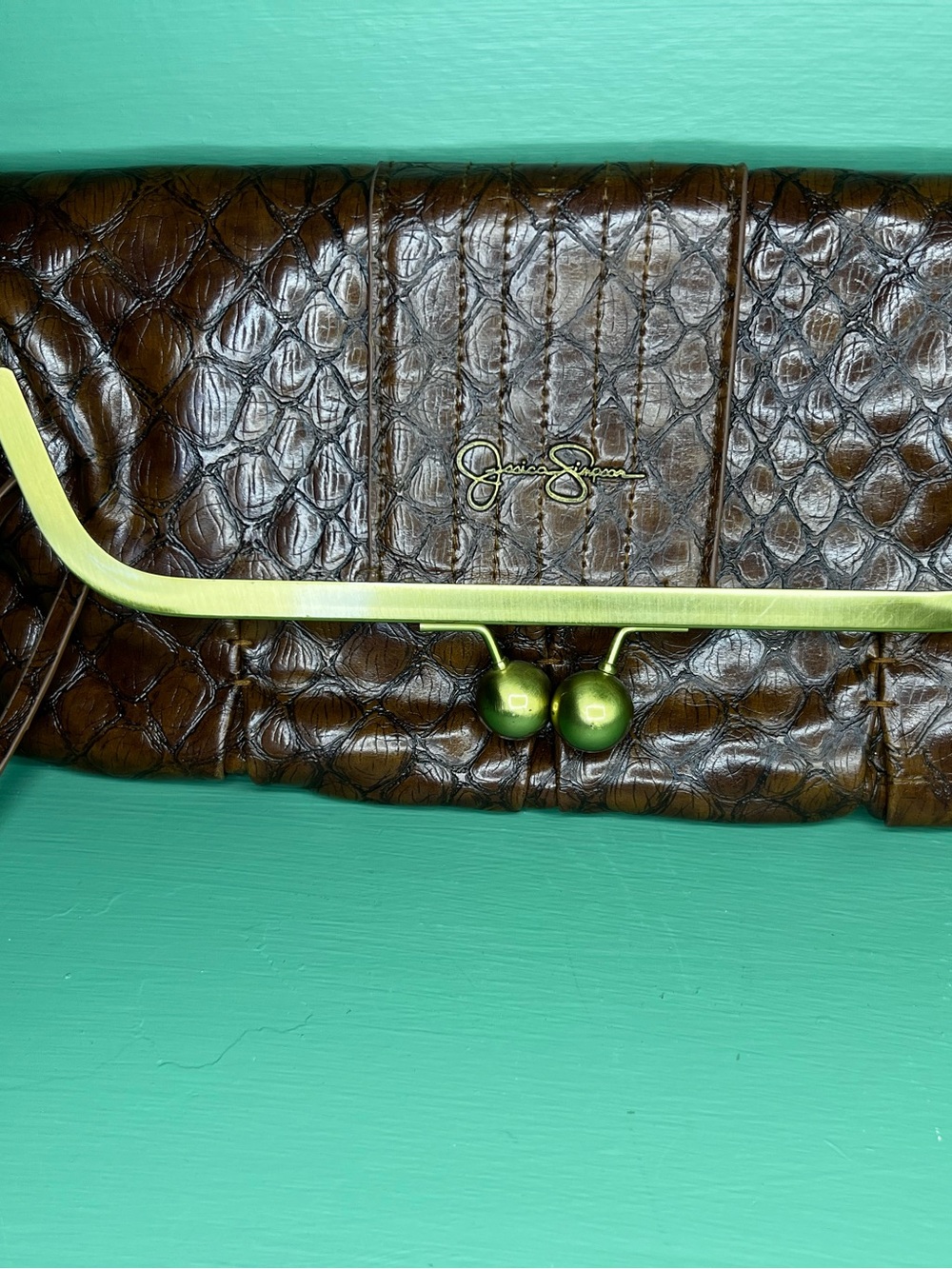 Jessica Simpson Chocolate Brown Croc-Embossed Clutch with Gold-Tone Kiss Lock